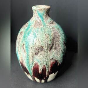 Signed Turquoise/Tiel Raku High Fired Pottery Bud Vase Crackle